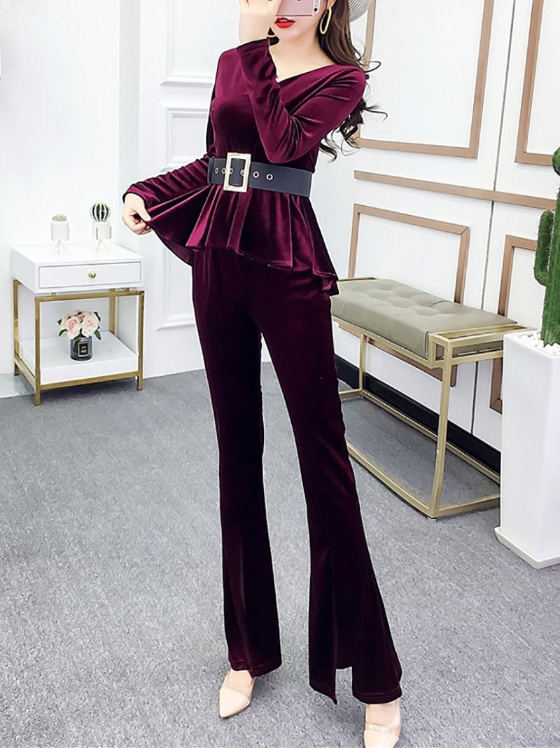 Fashion V Neck Velvet Top And High-Waist Slit Pants