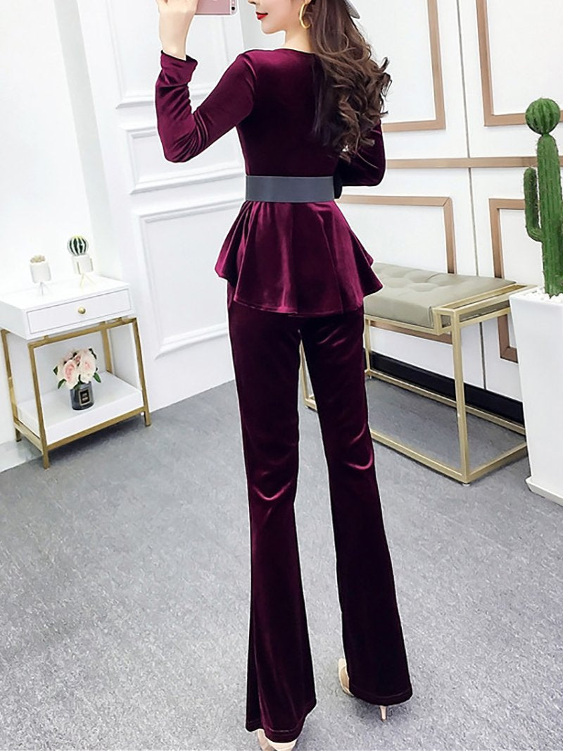 Fashion V Neck Velvet Top And High-Waist Slit Pants