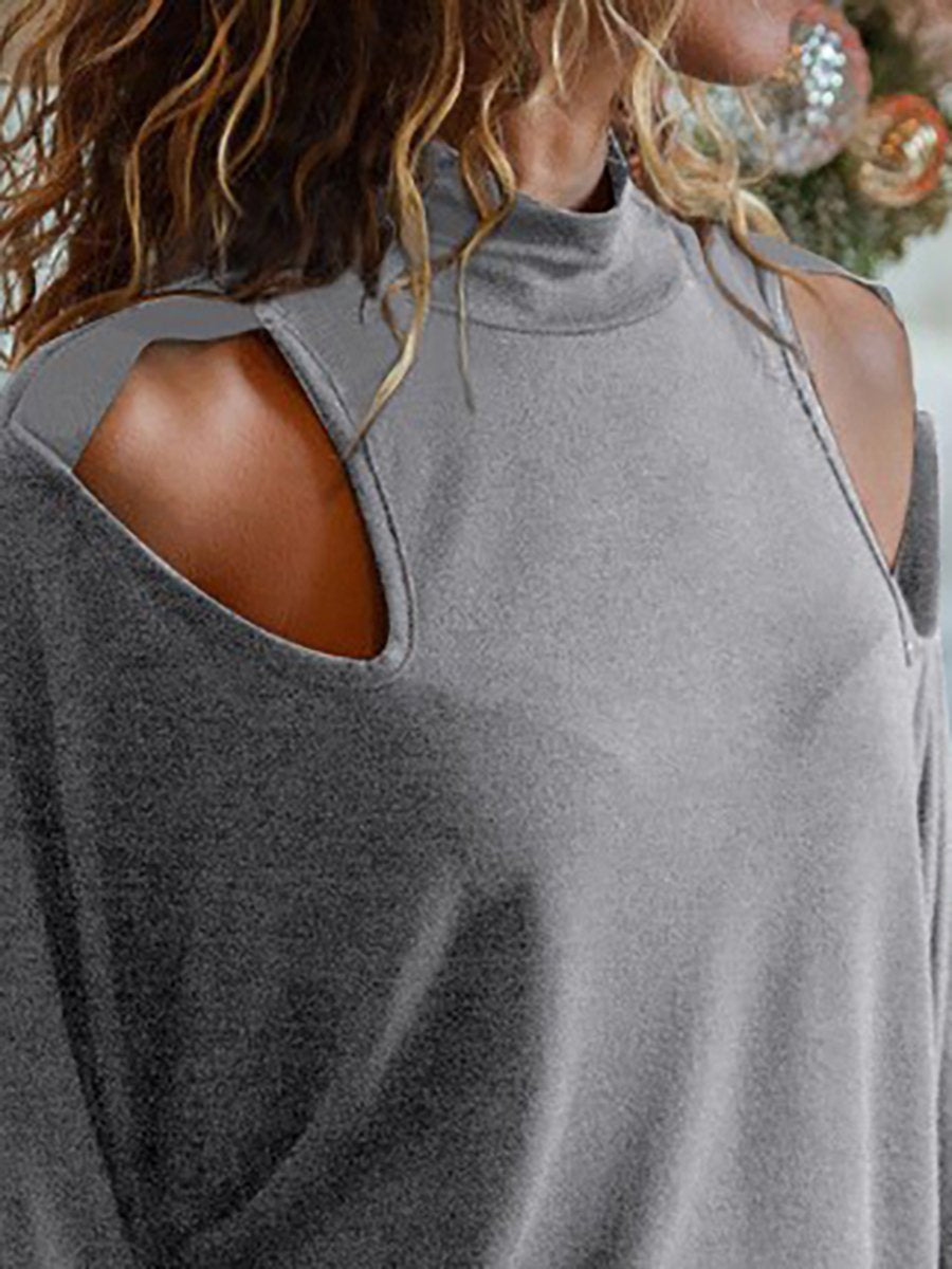 Koseme High Neck Cutout Quilted Plain Long Sleeve T-Shirts