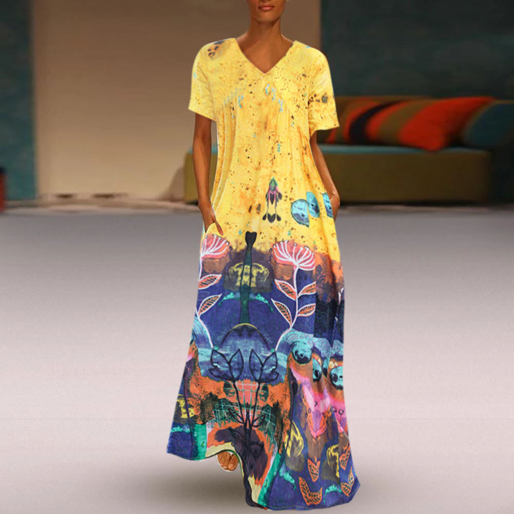 Ethnic Style Print Loose Slim Large Size short sleeve  Dress