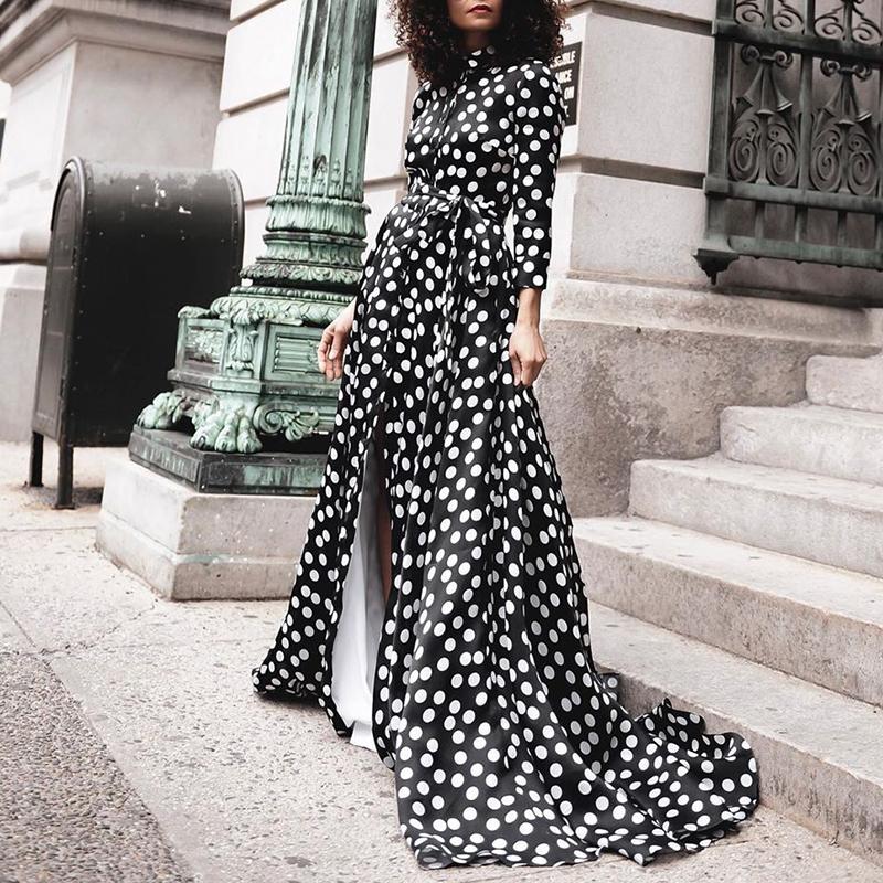 Fashion Stand Collar Long Sleeve Polka Dot Dress