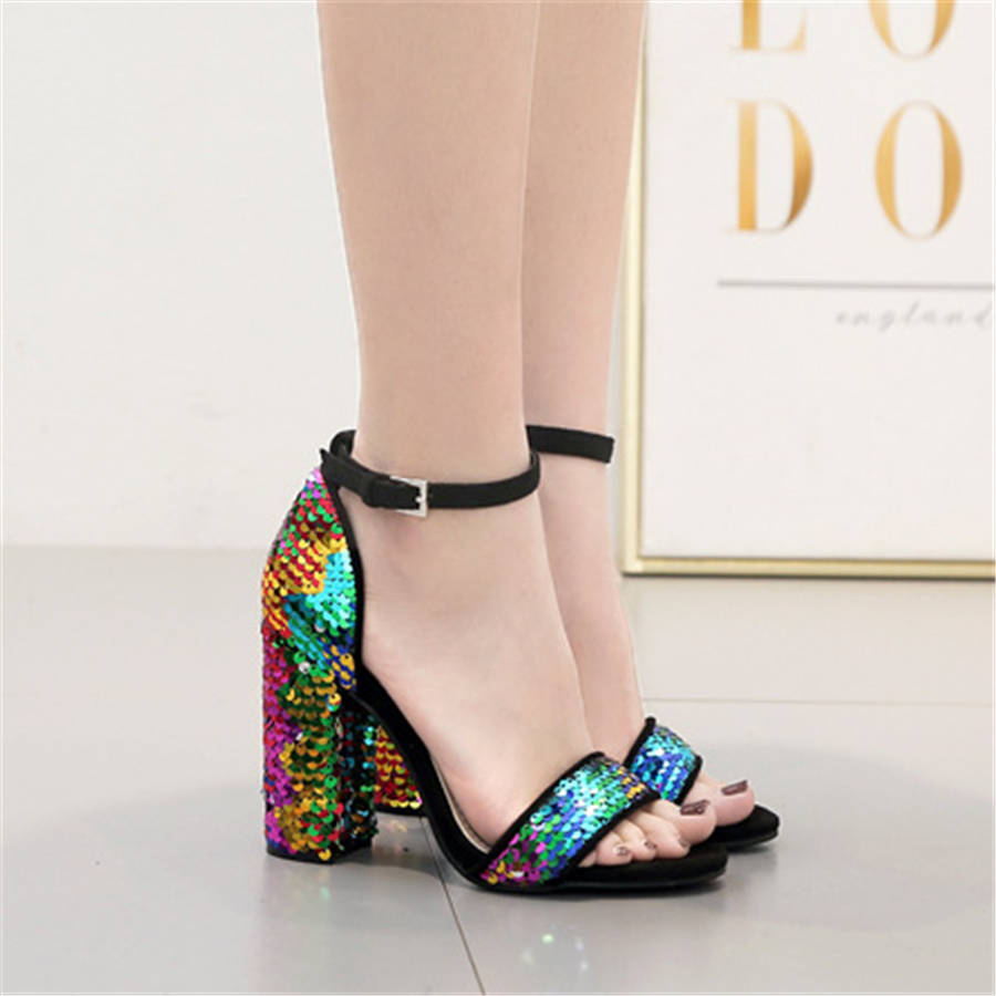 Thick And Colorful Sequined Buckle Sandals