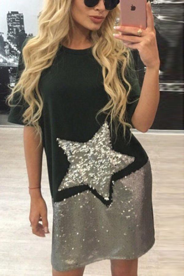 Round Neck short sleeve Glitter  Patchwork  Short Sleeve Mini Dresses