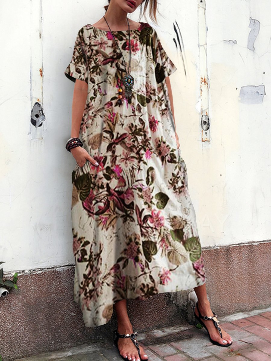 Cotton And Linen Printed Medium Length Pocket short sleeves Maxi Dress With Medium Cuffs