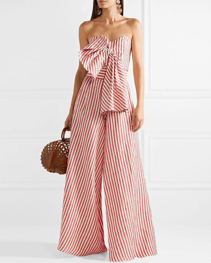 Bow Wrapped Chest High Waist Wide Leg Pants Suit