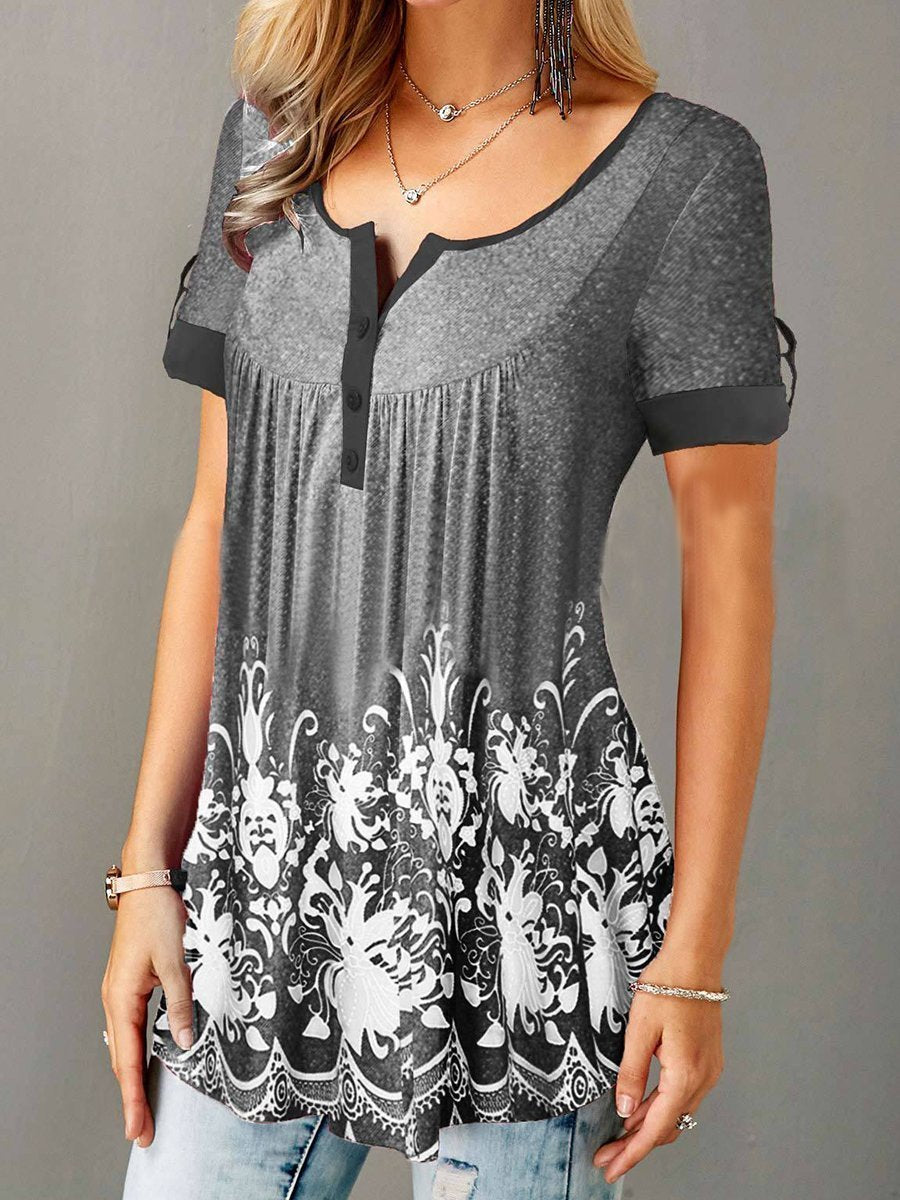 Button Printed Short-Sleeved T-Shirt