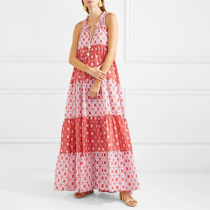 Fashion Casual Bohemian V Neck Sleeveless Print Maxi Dress
