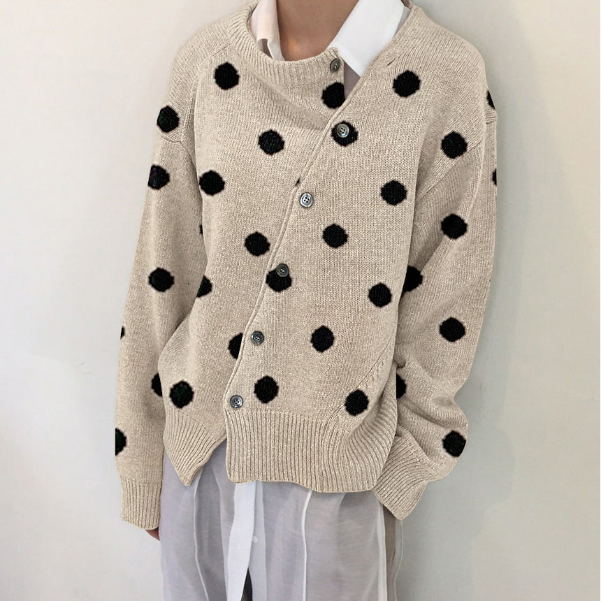 Polka Dot Autumn And Winter Korean Slant Button Cardigan Jacket Sweater