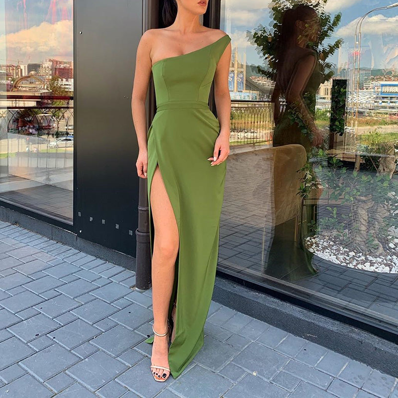 Sexy Solid Color One Shoulder sleeveless High Split Slim Fit Maxi Dress