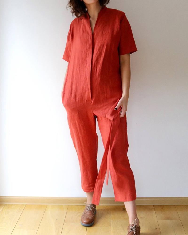 V-Neck Splicing Belt Pocket Jumpsuit