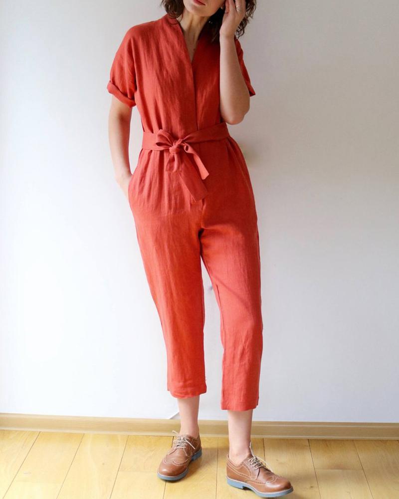 V-Neck Splicing Belt Pocket Jumpsuit