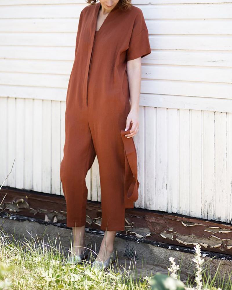 V-Neck Splicing Belt Pocket Jumpsuit