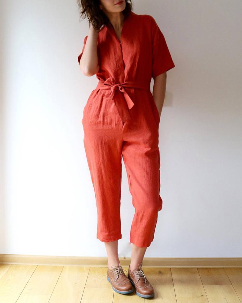 V-Neck Splicing Belt Pocket Jumpsuit