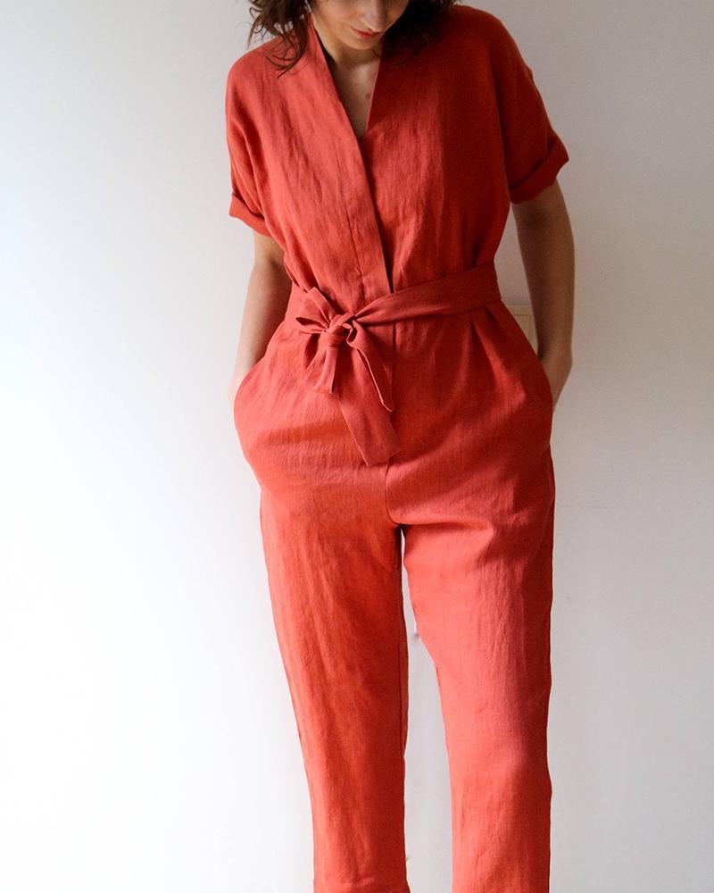 V-Neck Splicing Belt Pocket Jumpsuit