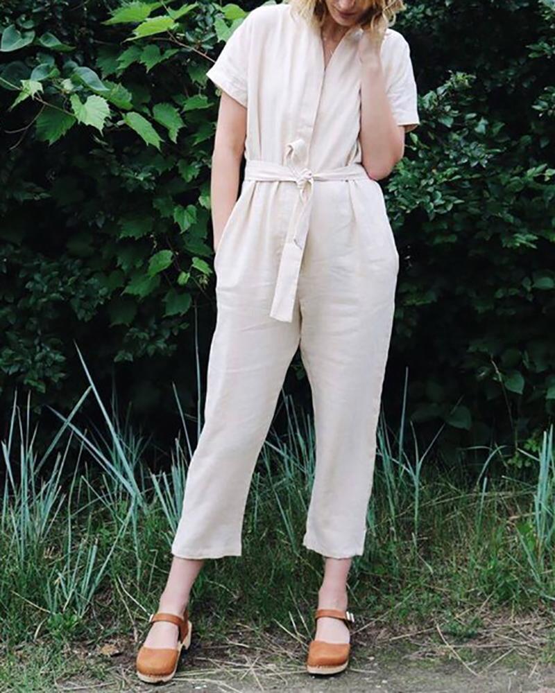 V-Neck Splicing Belt Pocket Jumpsuit