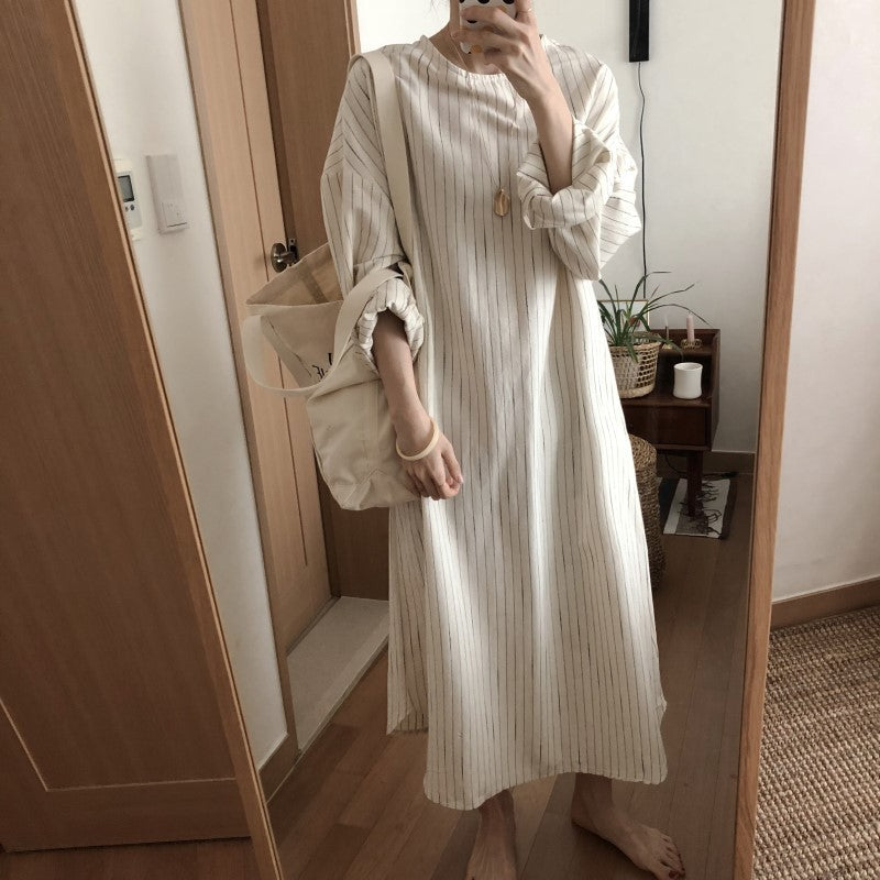 Casual Brief Striped Loose long sleeves Midi Dress