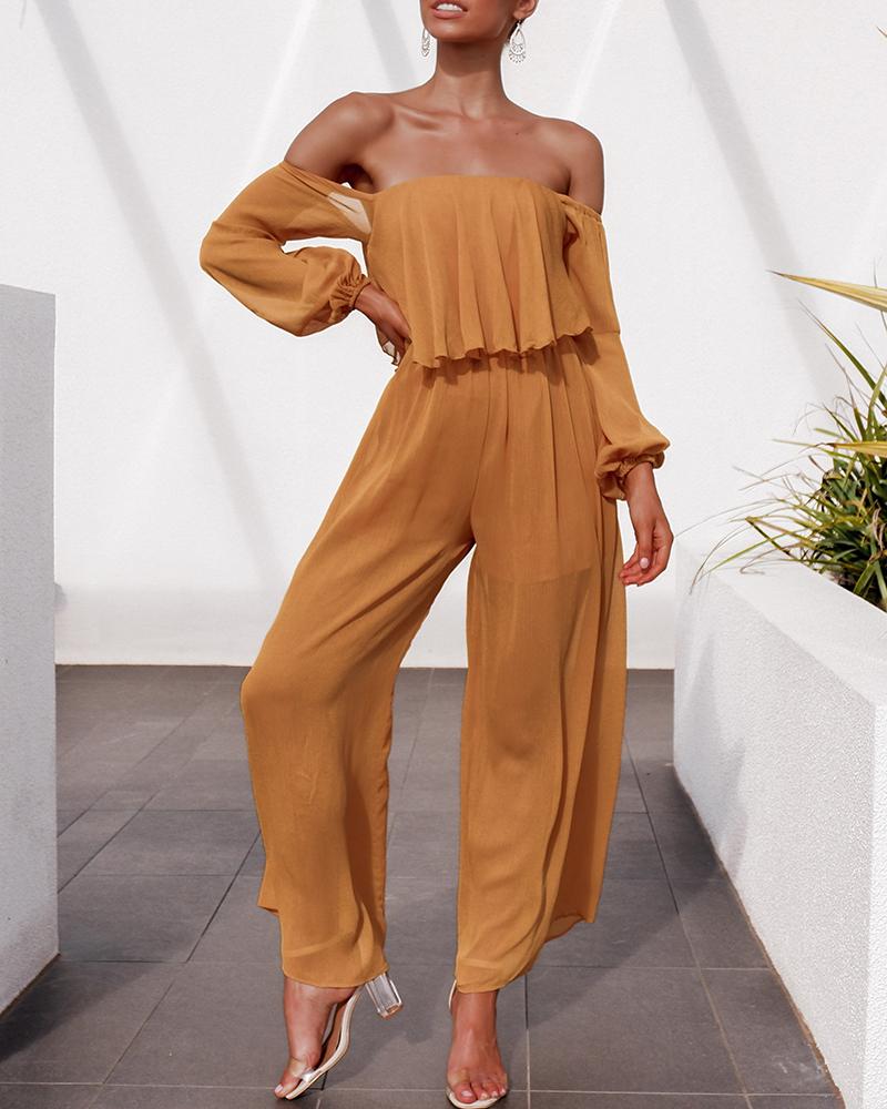 Off-The-Shoulder Lantern Sleeves Wide-Leg Pants Chiffon Jumpsuit