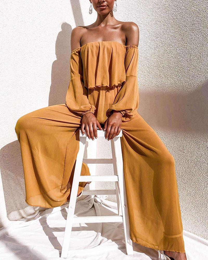 Off-The-Shoulder Lantern Sleeves Wide-Leg Pants Chiffon Jumpsuit