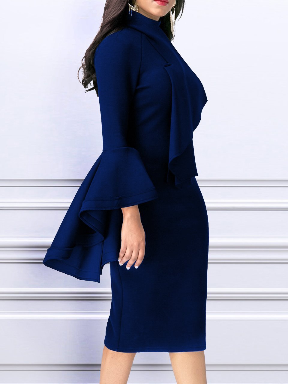 Crew Neck  Bust Darts  Plain long sleeves Evening Dress