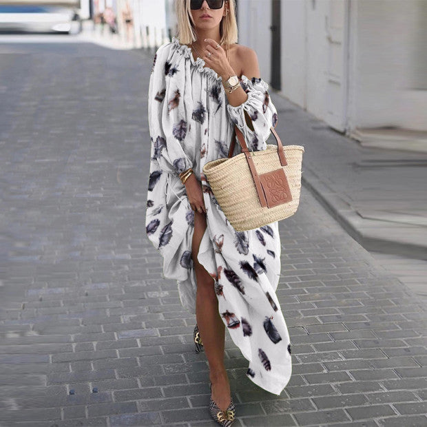 Sexy Open Shoulder Long Sleeve Printed Loose Dress
