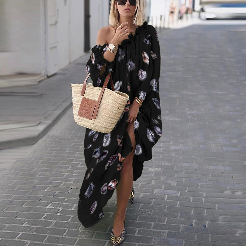 Sexy Open Shoulder Long Sleeve Printed Loose Dress