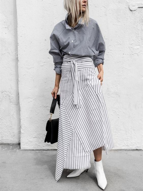 Casual Pure Color Belted Striped long sleeves Dress