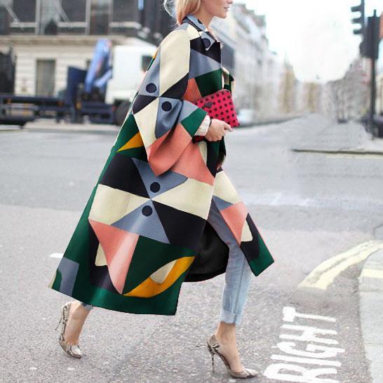 Fashion Geometry Printed Colorful Loose Woolen Long Coat