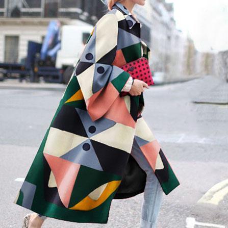 Fashion Geometry Printed Colorful Loose Woolen Long Coat