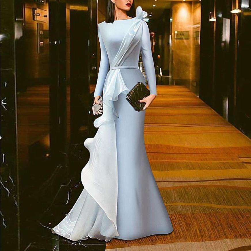 Solid Color Gauze Stitching long sleeve Evening Dress