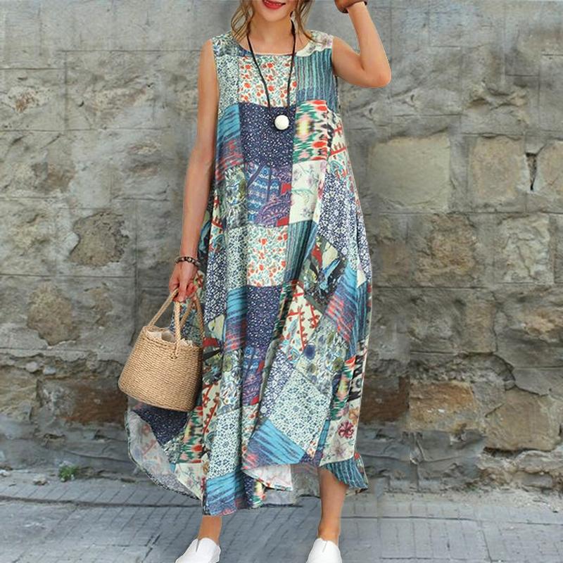 Casual Printed Sleeveless Ankle-Length Dress