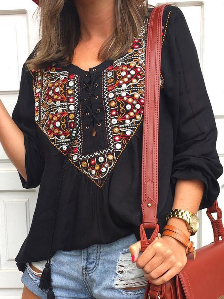 Casual V Neck Long Sleeve Printed Blouse