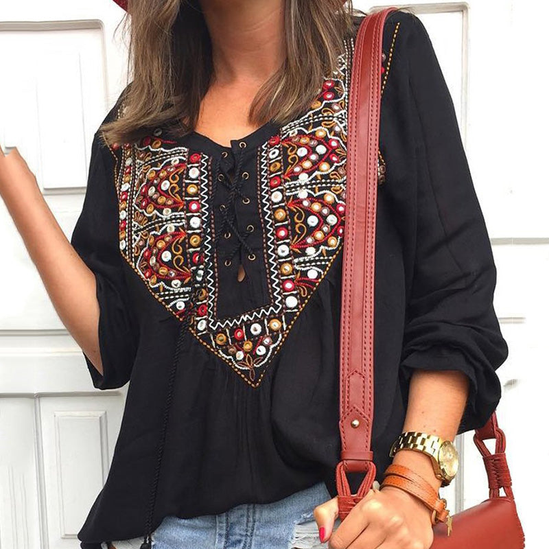 Casual V Neck Long Sleeve Printed Blouse