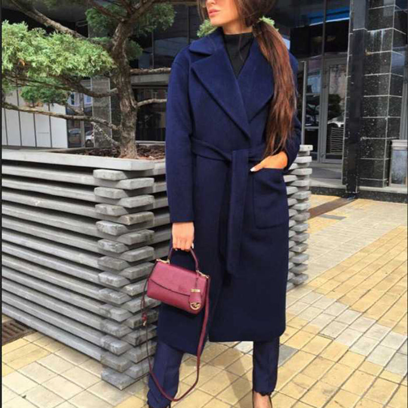 Fashion solid color lapels tie woolen coat