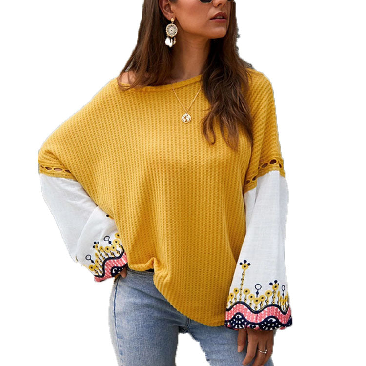 Autumn and winter ladies stitching contrast color round neck fashion trumpet sleeve casual loose Sweater