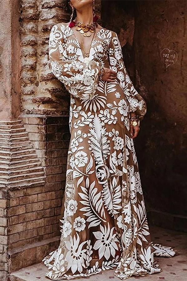 Bohemian V Neck Long Sleeve See-Through Printed Colour Dress