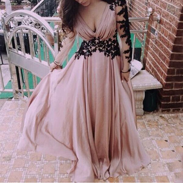 Long sleeve Pink Elegant Lace Wedding Banquet Evening Dress