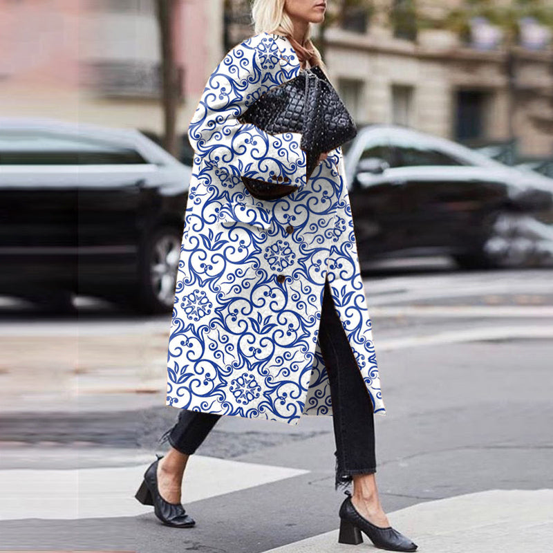 Fashion Buttons Printed Colour Turndown Collar Overcoat