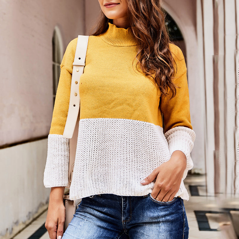 Brief Long Sleeve Splicing Knit Sweater