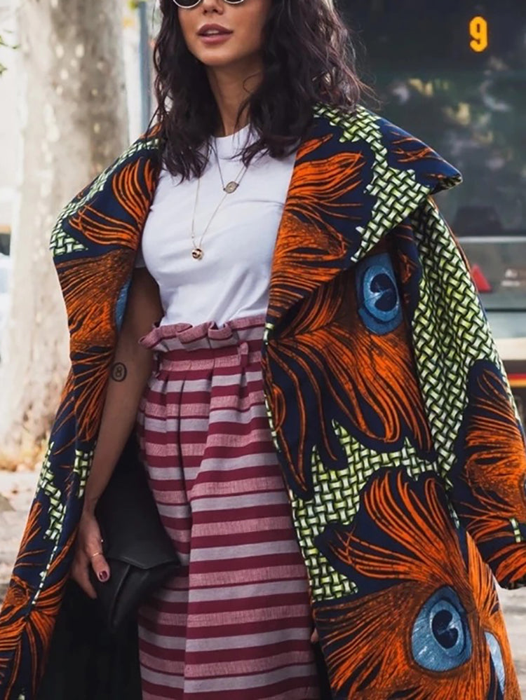 Women's Fashion Long Sleeve Turndown Collar Printed Color Overcoat