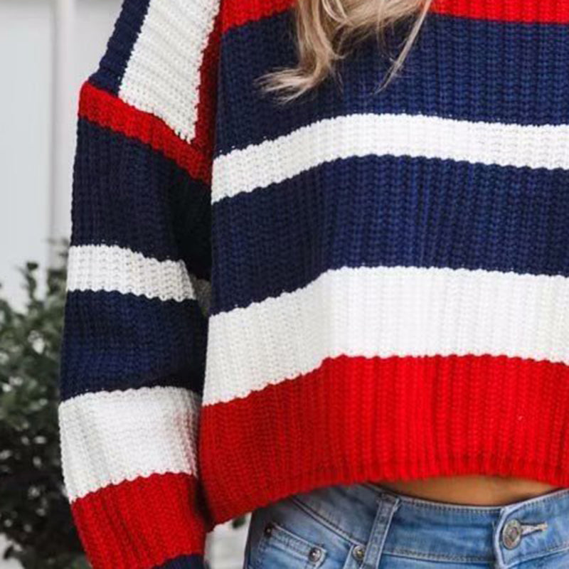 casual loose colouring striped round neck long sleeves sweater