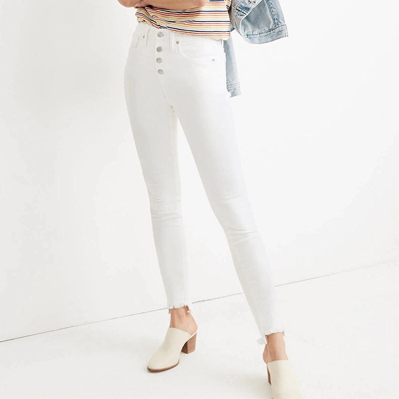 Simple solid color slim buckle high waist casual pants