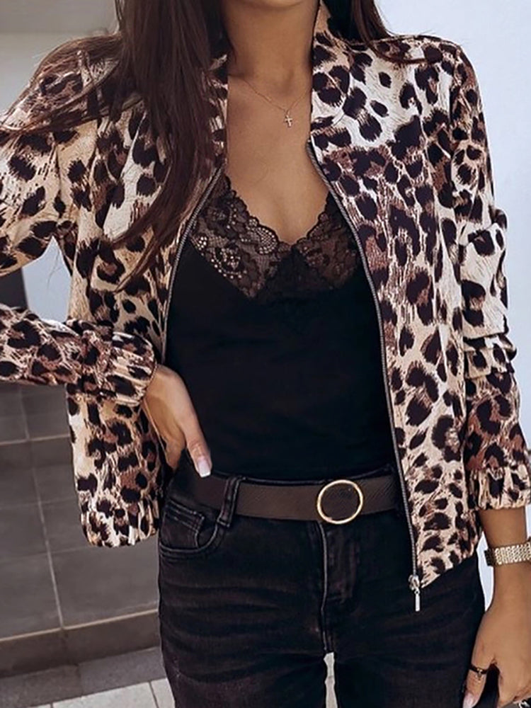 Fashion Leopard Print Fold Over Collar Long Sleeve Jacket