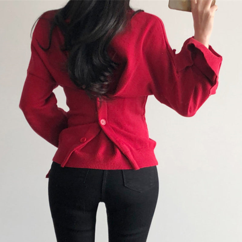 modern solid colour buttons v neck fitted long sleeves sweater