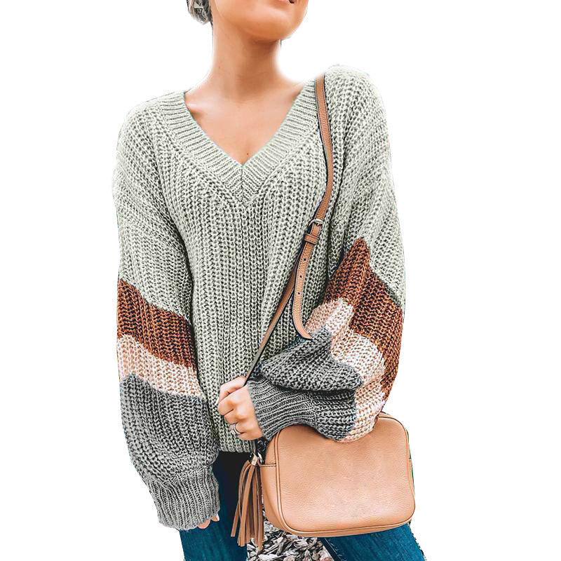 Casual V-neck Color Matching Loose Lantern Sleeve Sweater
