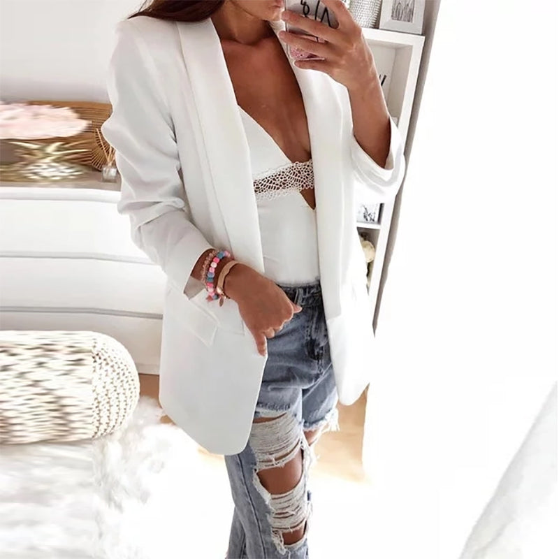 Casual Pure Color Fold Over Collar Long Sleeve Blazer