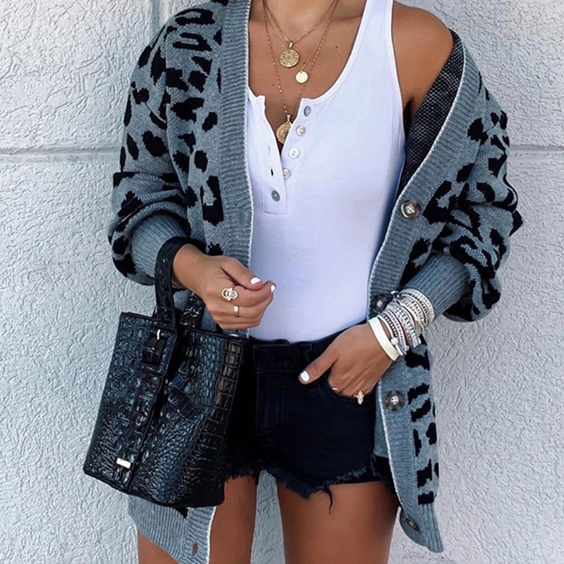 casual leopard print long puff sleeves loose sweater cardigan