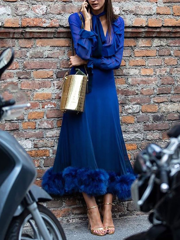 Women's Fashion V-Neck Pure Color Petal Sleeve Splicing Fur Dress