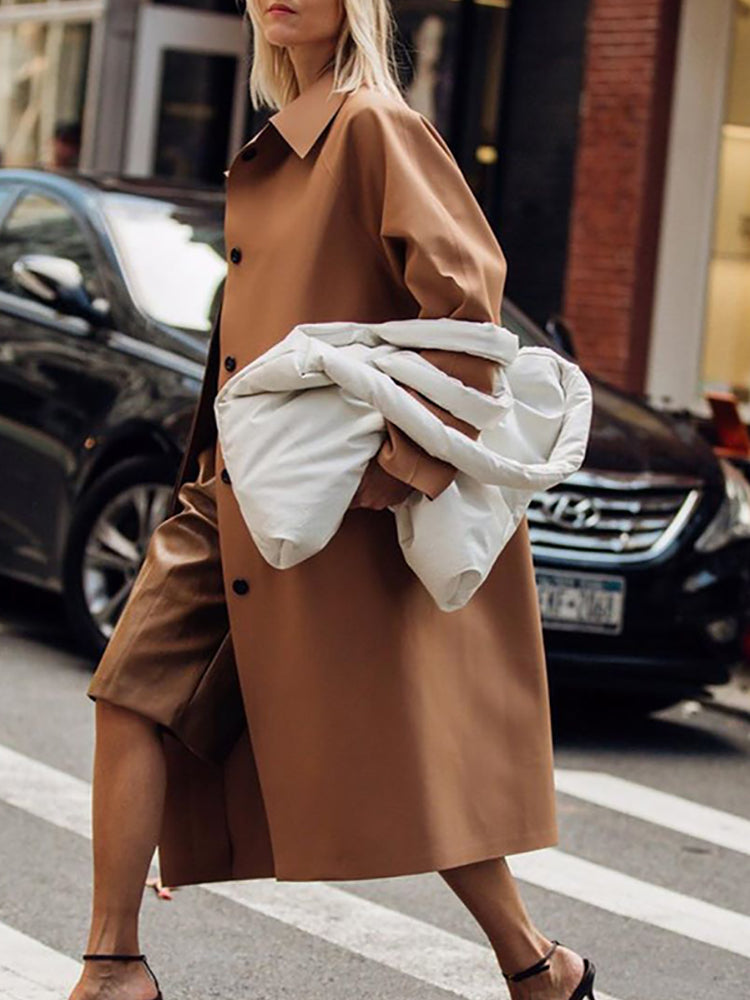 Brief Solid Color Long Sleeves Lapel Overcoat