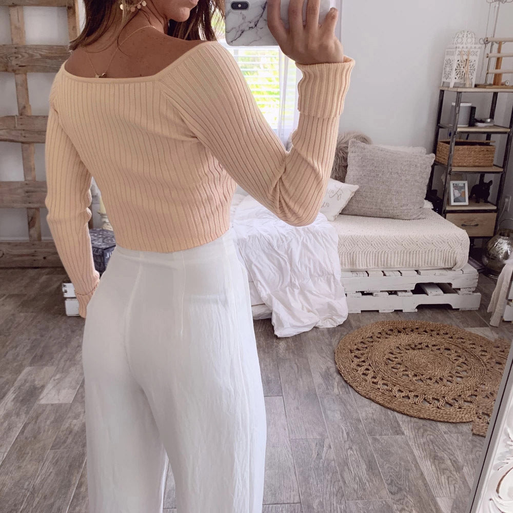 Women's Casual Deep V-Neck Long Sleeve Pure Color Tight Sweater