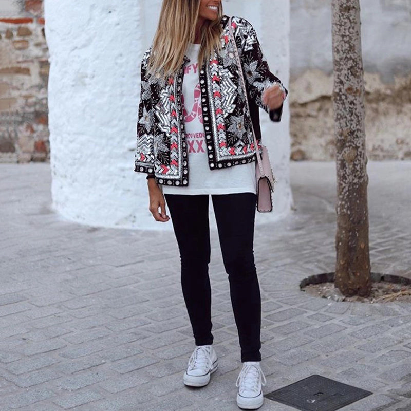 Women's Fashion Printed Color Single-breasted Long Sleeve Jacket